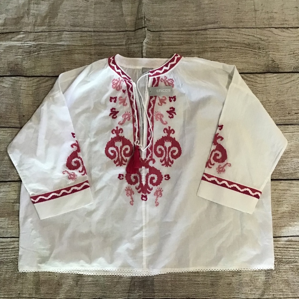😍 NWT Chico Pink White Tunic Top with Embroidery round sleeves size Medium